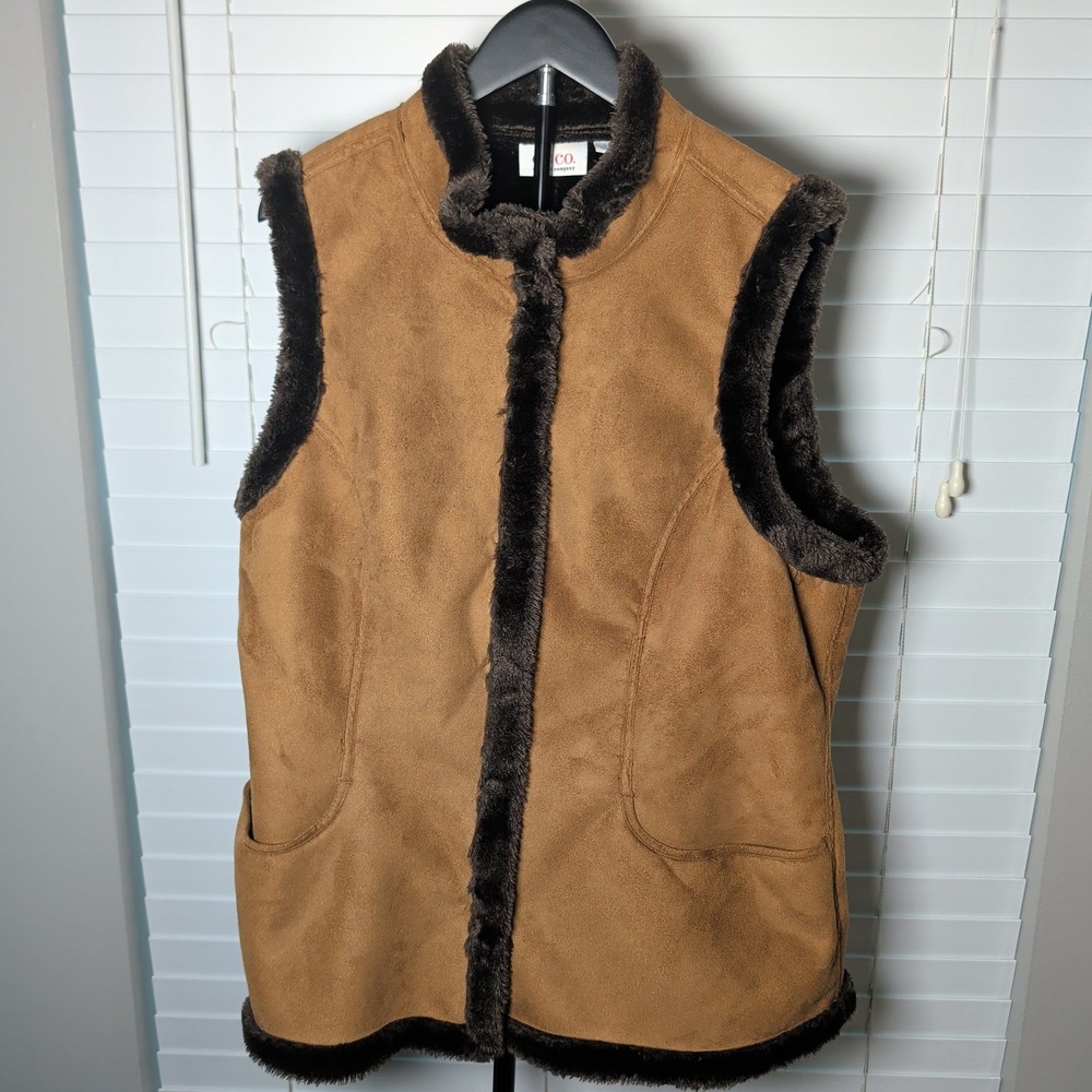 Denim & Co Faux Suede Fur Lined Vest Womens L Brown Snap Front Pockets Excellent